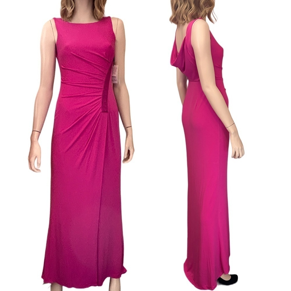 Calvin Klein Dress Gown Train Glass Beading Jersey Knit Ruched Draped Cowl Back - Picture 2 of 16